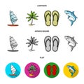 Board with a sail, a palm tree on the shore, slippers, a white shark. Surfing set collection icons in cartoon,flat Royalty Free Stock Photo