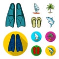 Board with a sail, a palm tree on the shore, slippers, a white shark. Surfing set collection icons in cartoon,flat style Royalty Free Stock Photo