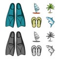 Board with a sail, a palm tree on the shore, slippers, a white shark. Surfing set collection icons in cartoon,monochrome Royalty Free Stock Photo