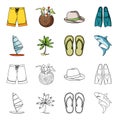 Board with a sail, a palm tree on the shore, slippers, a white shark. Surfing set collection icons in cartoon,outline Royalty Free Stock Photo