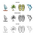 Board with a sail, a palm tree on the shore, slippers, a white shark. Surfing set collection icons in cartoon,outline Royalty Free Stock Photo