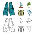 Board with a sail, a palm tree on the shore, slippers, a white shark. Surfing set collection icons in cartoon,outline Royalty Free Stock Photo