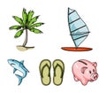 Board with a sail, a palm tree on the shore, slippers, a white shark. Surfing set collection icons in cartoon style Royalty Free Stock Photo