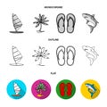 Board with a sail, a palm tree on the shore, slippers, a white shark. Surfing set collection icons in flat,outline Royalty Free Stock Photo