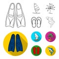 Board with a sail, a palm tree on the shore, slippers, a white shark. Surfing set collection icons in outline,flat style Royalty Free Stock Photo