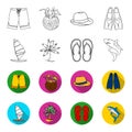 Board with a sail, a palm tree on the shore, slippers, a white shark. Surfing set collection icons in outline,flet style Royalty Free Stock Photo