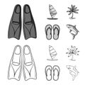 Board with a sail, a palm tree on the shore, slippers, a white shark. Surfing set collection icons in outline,monochrome Royalty Free Stock Photo