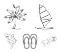 Board with a sail, a palm tree on the shore, slippers, a white shark. Surfing set collection icons in outline style Royalty Free Stock Photo