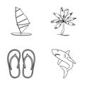 Board with a sail, a palm tree on the shore, slippers, a white shark. Surfing set collection icons in outline style Royalty Free Stock Photo