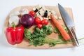 Board with sliced vegetables, carrots, mushrooms, parsley, pepper, eggplant, onion. Raw vegetarian healthy food Royalty Free Stock Photo