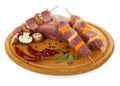 Board, slices of raw pork, vegetables and mushrooms on wooden sk Royalty Free Stock Photo