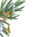 Board of spruce branch with Christmas decorations digital watercolor style illustration isolated on white. Wooden angel Royalty Free Stock Photo