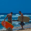 Board surfers beach guys man hawaii Royalty Free Stock Photo