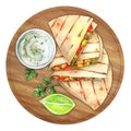 Board with tasty quesadillas, lime and sauce watercolor