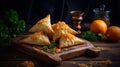 Board with tasty Uzbek samsa on wooden background, generative ai