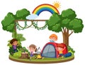 Board template with many kids camping out in the woods Royalty Free Stock Photo