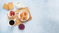 board with waffles fruits with copy space. High quality photo Royalty Free Stock Photo