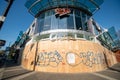 Boarded up stores in downtown Vancouver graffitied on.