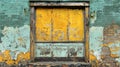 A boarded up window on a brick wall with peeling paint Royalty Free Stock Photo