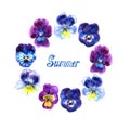 Boarder with hand drawn pansy flowers. Purple, violet, yellow. Frame for cards. Summer lettering Royalty Free Stock Photo