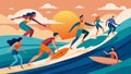 Boarders of all ages and levels of experience ride the swells with finesse vying for the coveted title of sunset surfing Royalty Free Stock Photo