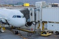 Boarding bridge jetway connected to the airplane for boarding passengers