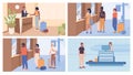 Boarding and check-in flat color vector illustration set Royalty Free Stock Photo