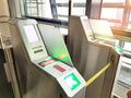 Boarding pass checking machine system at airport departure gateway terminal for counting passenger.