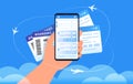 Boarding pass mobile add for online check-in and airplanes flying around in clouds