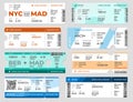 Boarding pass template. Board tickets, airplane travel flight page template. Blank invitation on plane, transport card