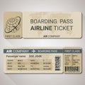 Boarding pass ticket template for a plane from two sides with passenger name and destination route Royalty Free Stock Photo
