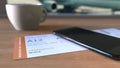 Boarding pass to Mosul and smartphone on the table in airport while travelling to Iraq