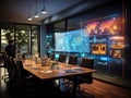 Boardroom with holographic projector displaying interactive data Royalty Free Stock Photo