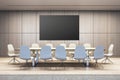 Boardroom with a large blank screen on a wooden wall, modern chairs around a table, concept of a corporate meeting space. 3D Royalty Free Stock Photo