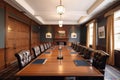 boardroom with long wooden table and leather chairs for formal meetings