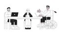 Boardroom meeting multicultural black and white cartoon flat illustration