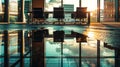 A boardroom reflected in a puddle outside the window, suggesting the impact of decisions made within