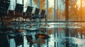 A boardroom reflected in a puddle outside the window suggesting the impact of decisions made within Royalty Free Stock Photo