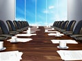 Boardroom table with black leather chairs. 3D illustration