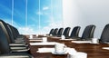 Boardroom table with black leather chairs. 3D illustration