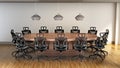 Boardroom table and chairs on the parquet floor. 3D illustration