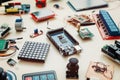 Boards and microcontrollers are on the table. STEM education for kid. Programming. Mathematics. The science. Royalty Free Stock Photo