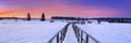 Boardwalk in the Hautes Fagnes, Belgium in winter at sunrise Royalty Free Stock Photo