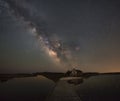 Boardwalk leading towards a shack and Milky Way Galaxy