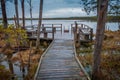 Boardwalk path leads to wooden observation deck with benches and swimming place.