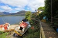 Boardwalk, Puerto Eden in Wellington Islands, fiords of southern Chile Royalty Free Stock Photo