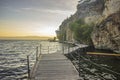 The boardwalk of Ohrid Lake during sunset in Ohrid, North Macedonia