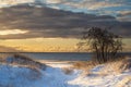 Boardwalk to the beach through dunes covered by fresh snow in winter morning Royalty Free Stock Photo