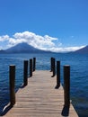 Boardwalk to lake Atitlan in Guatemala with volcanos