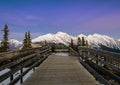 Stunning twilight Canadian rocky mountains and boardwalk on top of Sulphur Mountain in Banff, Canada. Gondola ride to Sulphur Royalty Free Stock Photo